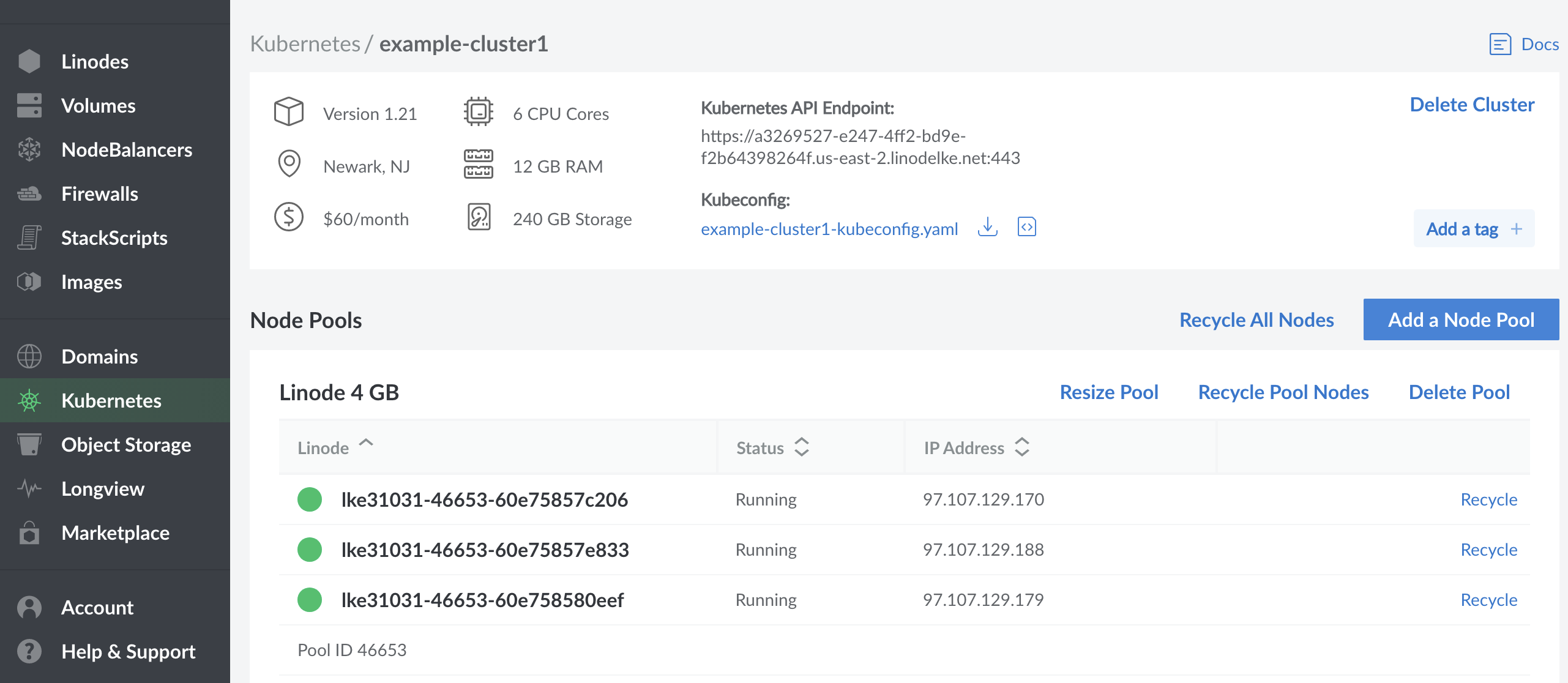 Kubernetes cluster&rsquo;s details page