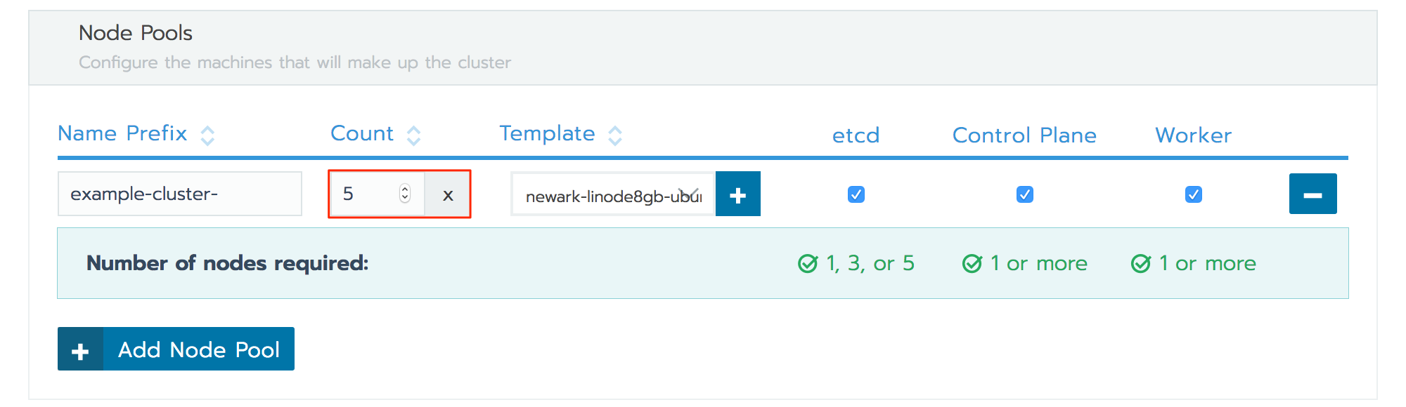 Rancher edit cluster form - node pool count highlighted