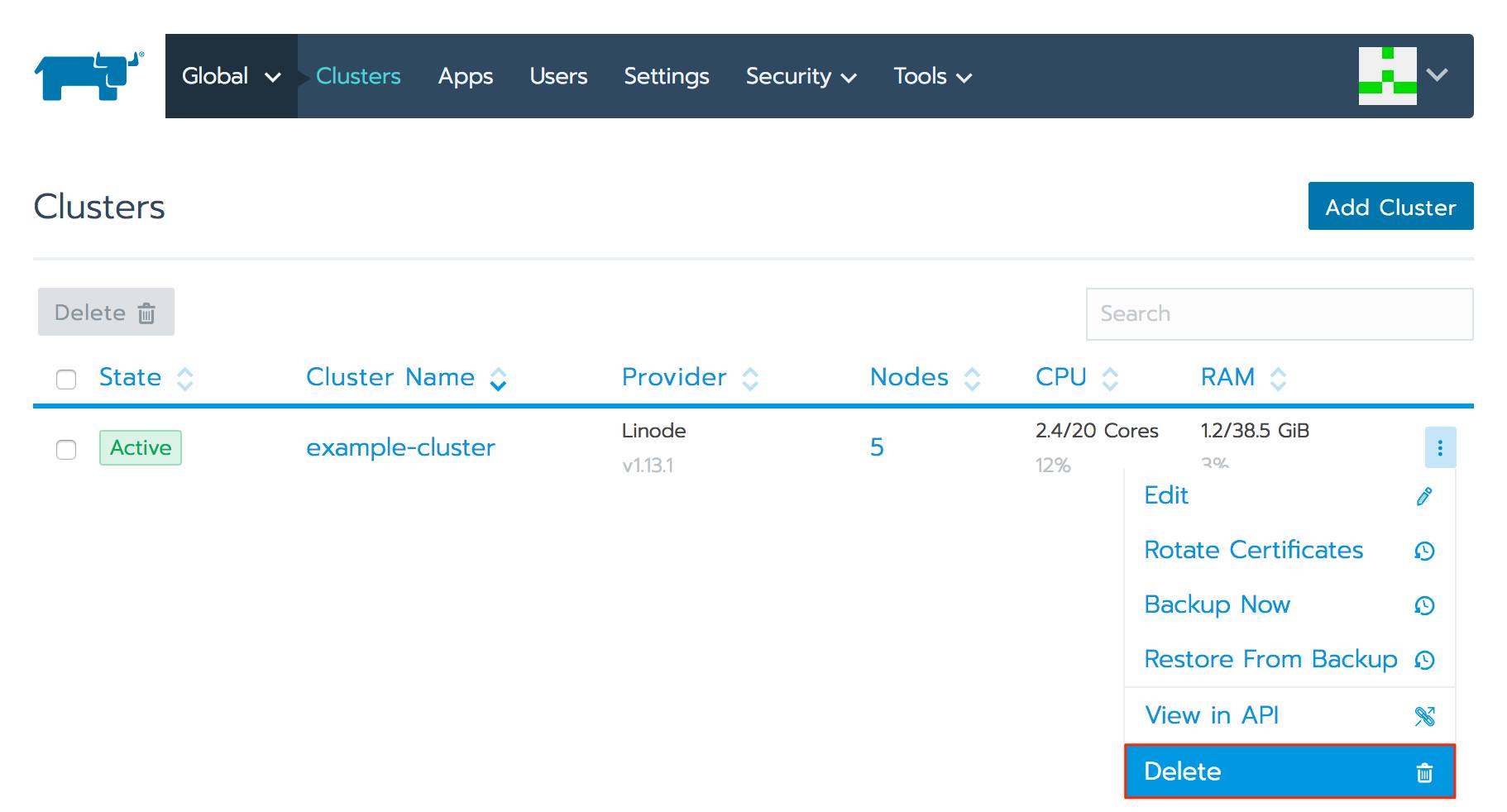 Rancher global cluster list - delete option highlighted