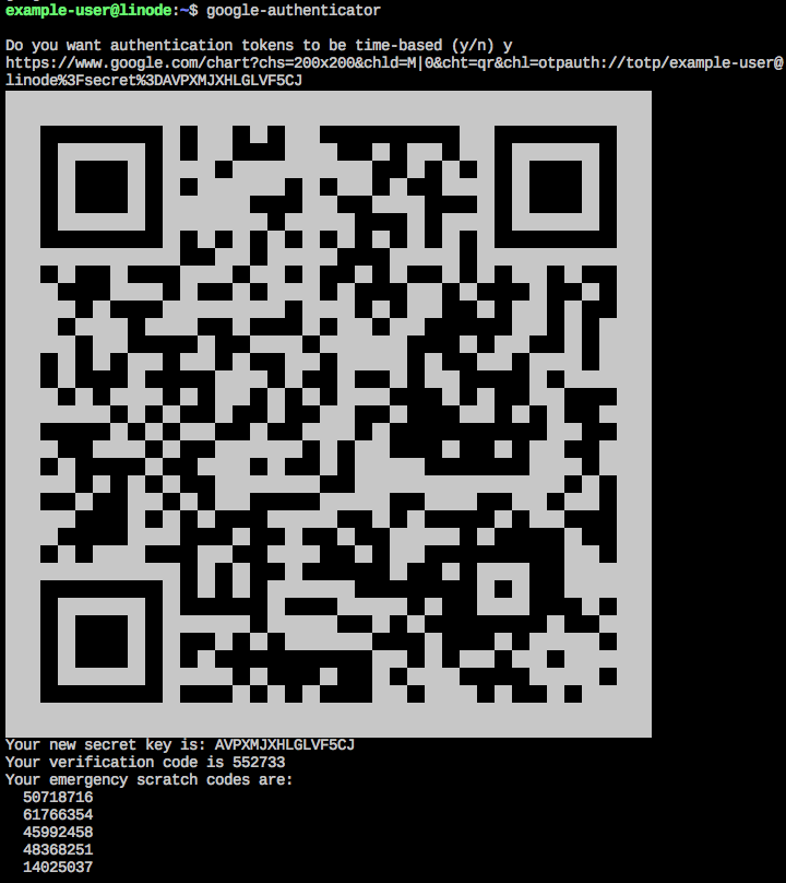 The Google Authenticator QR Code and keys on Debian 9.