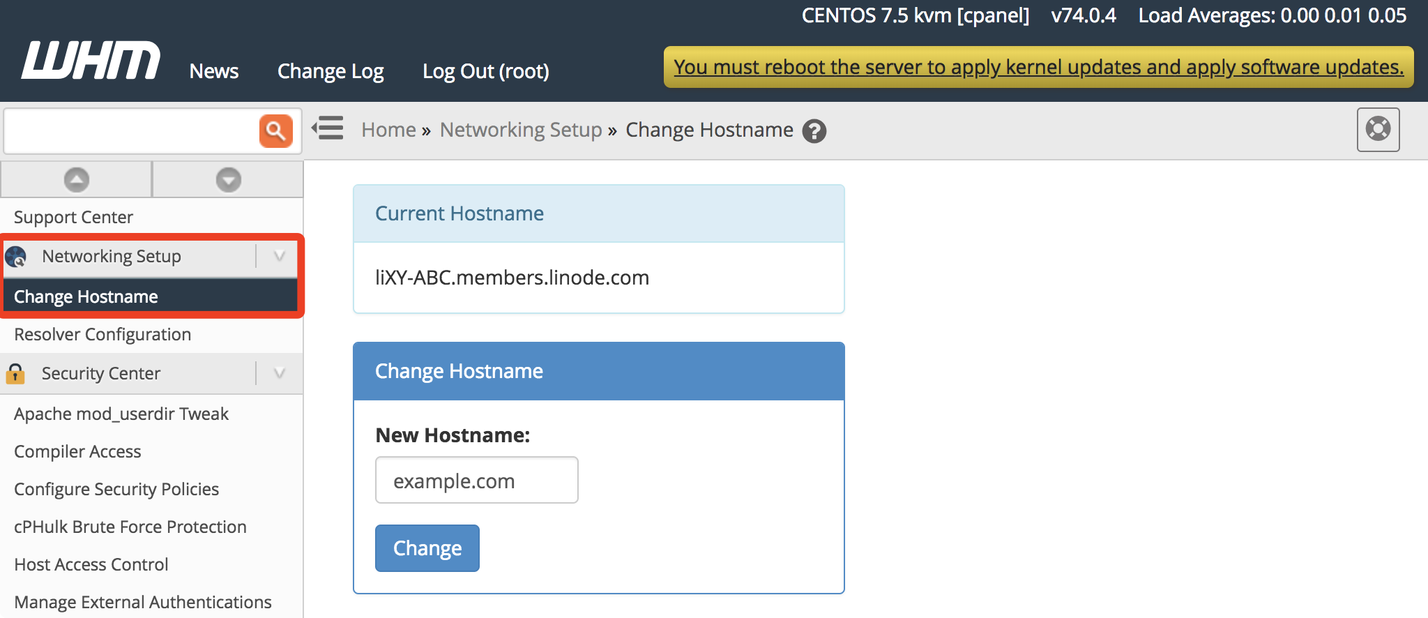 CPanel Change Hostname page