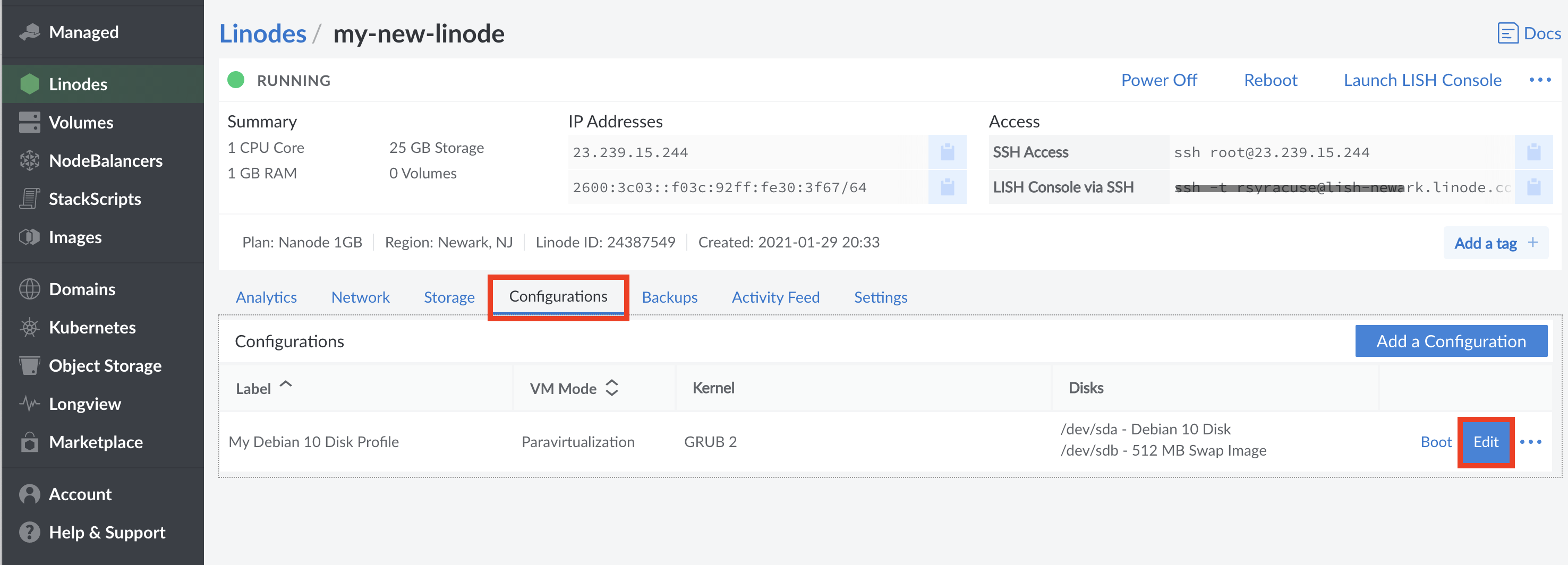 Navigate to the Linode&rsquo;s Settings page