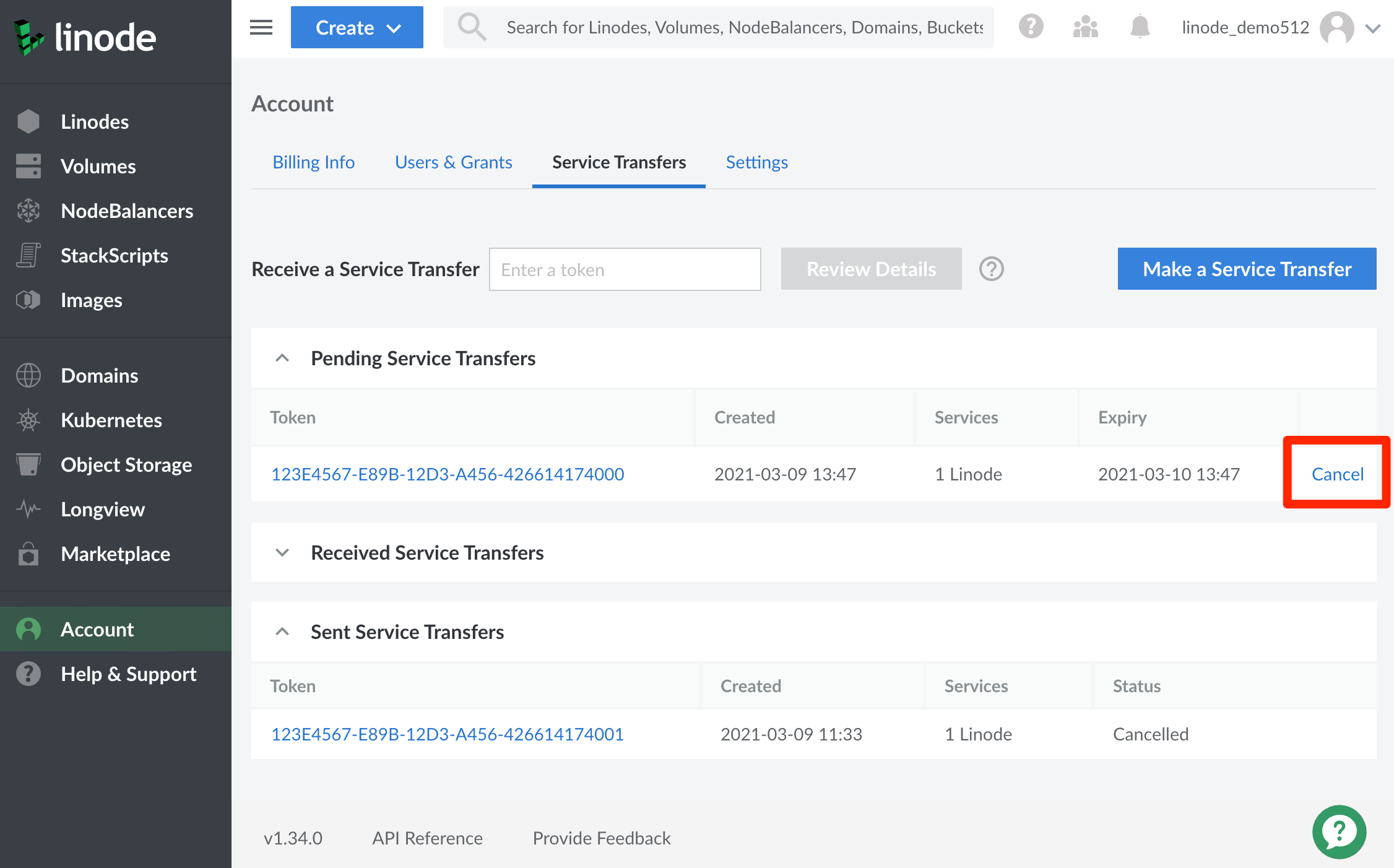 Your cancelled Service Transfers are listed on the Service Transfers page.