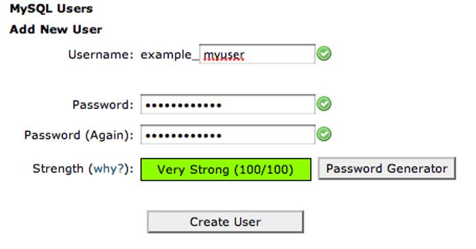 cPanel manage databases screen.