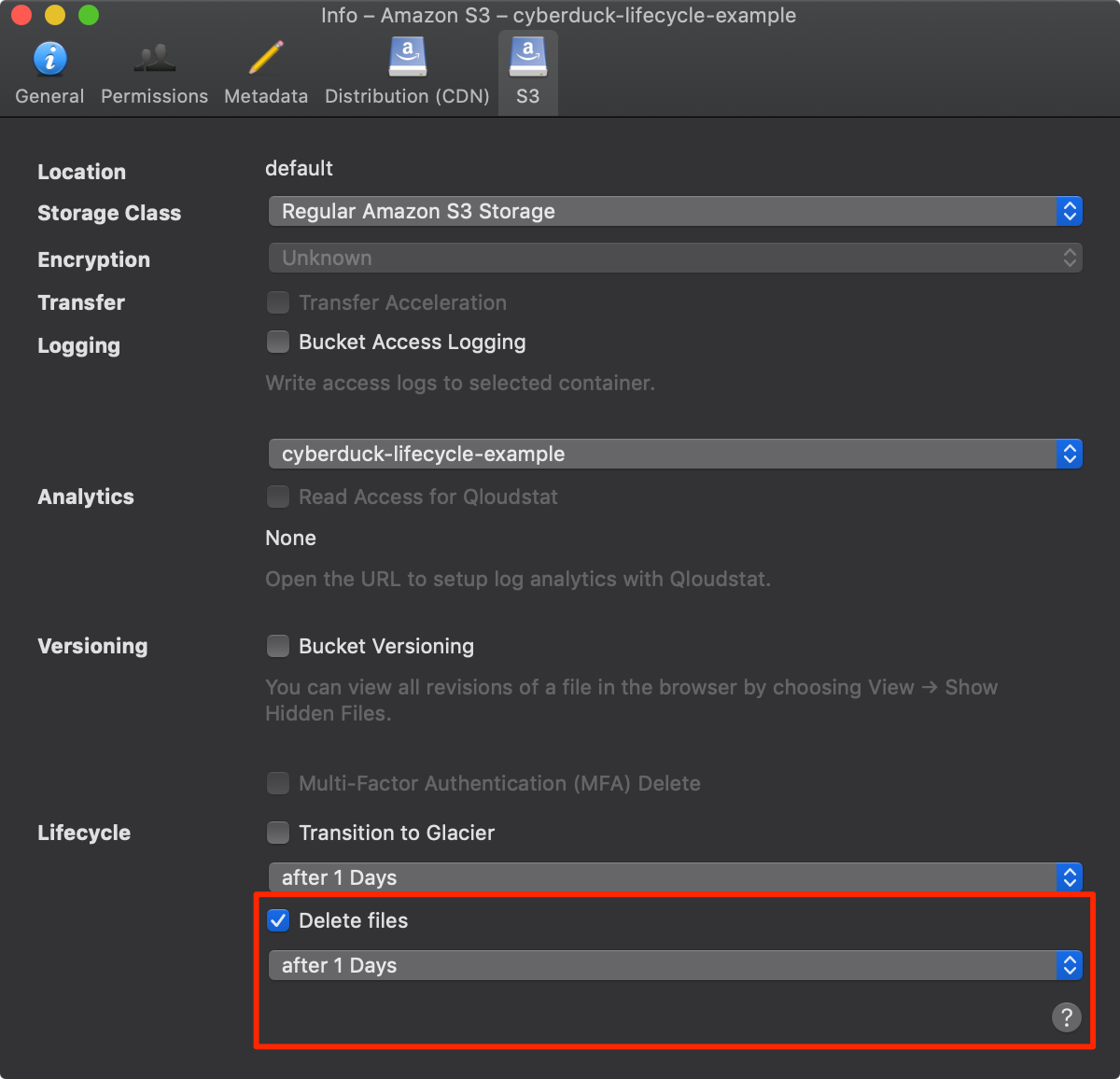 Click on the &ldquo;S3&rdquo; tab and then check the box labeled &ldquo;Delete files."
