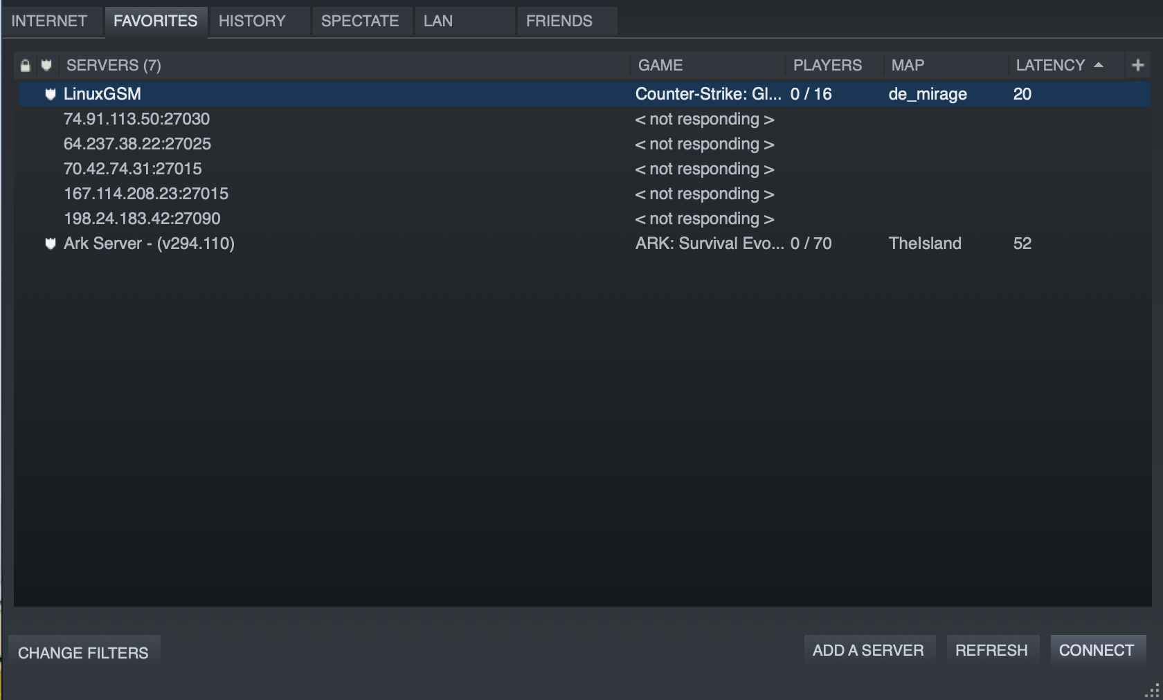 The Steam favorite servers dialog box.