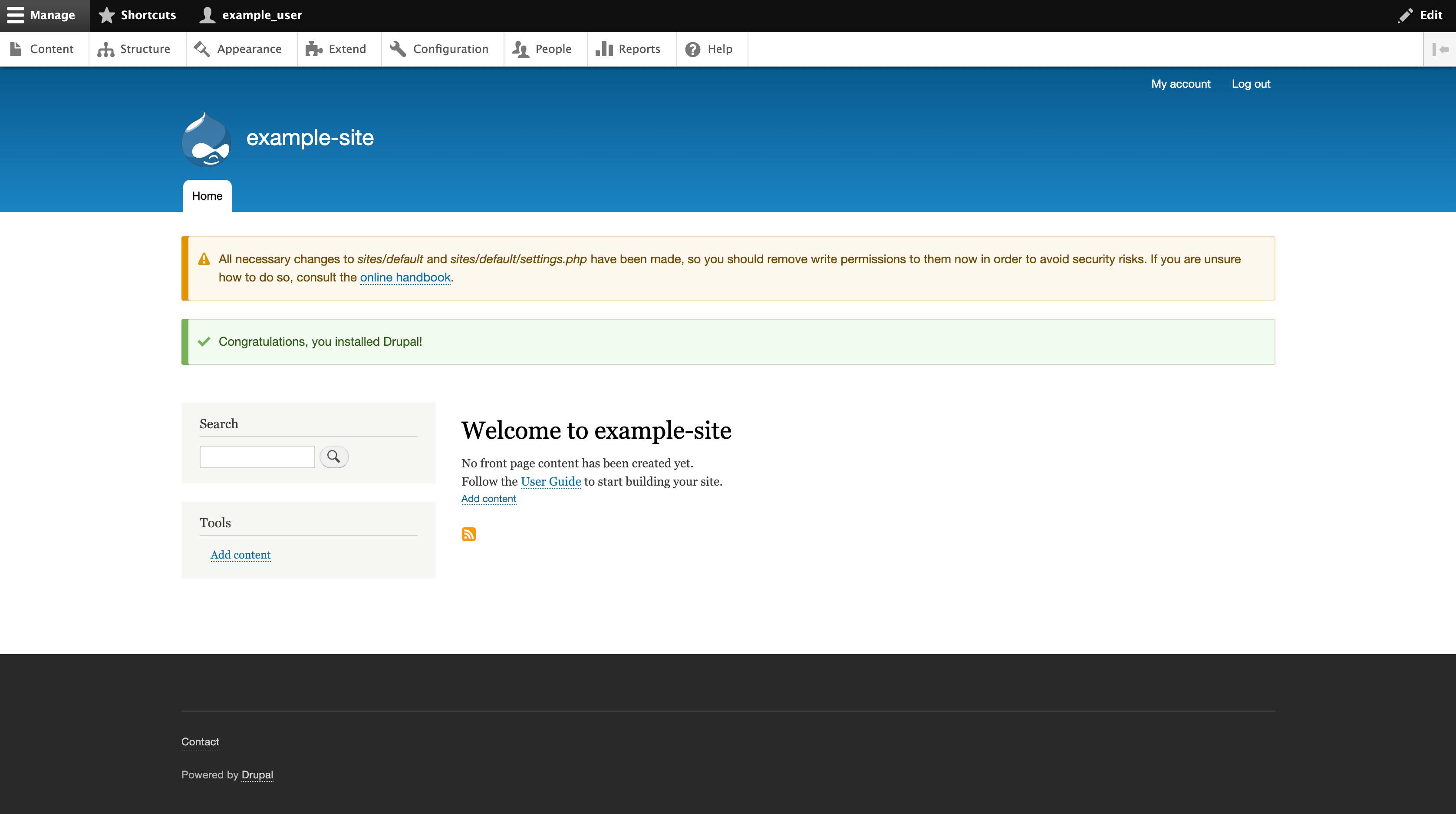 You will be brought to your Drupal site’s admin panel where you can begin building your Drupal site. You will be brought to your Drupal site’s admin panel where you can begin building your Drupal site.