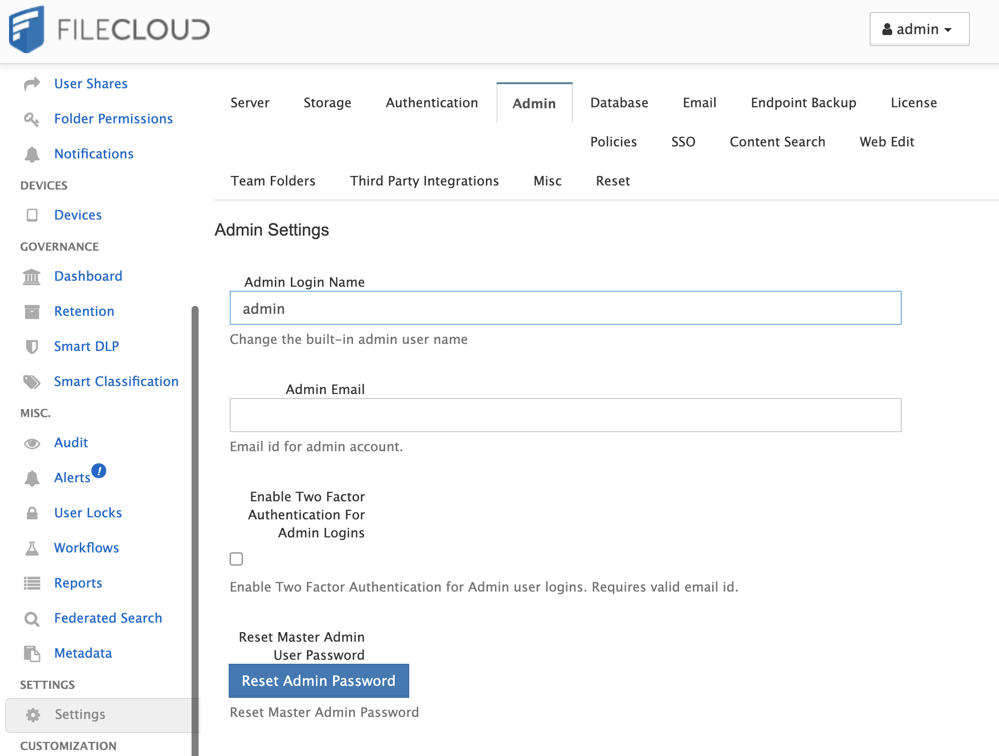 FileCloud Admin Page