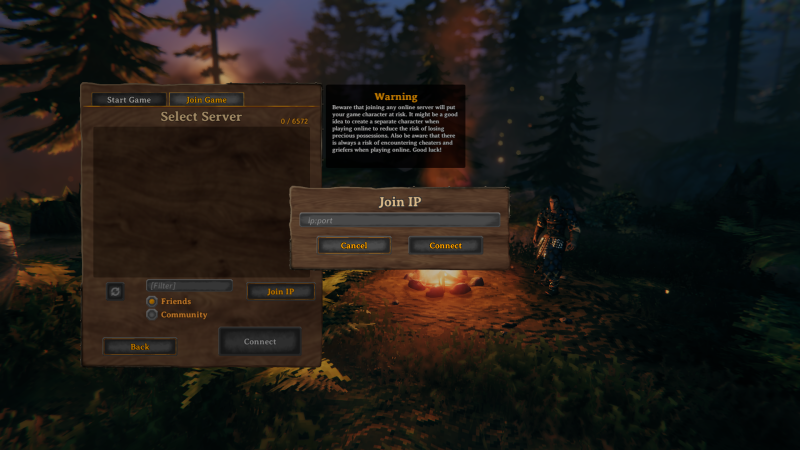 Valheim Select Server screen