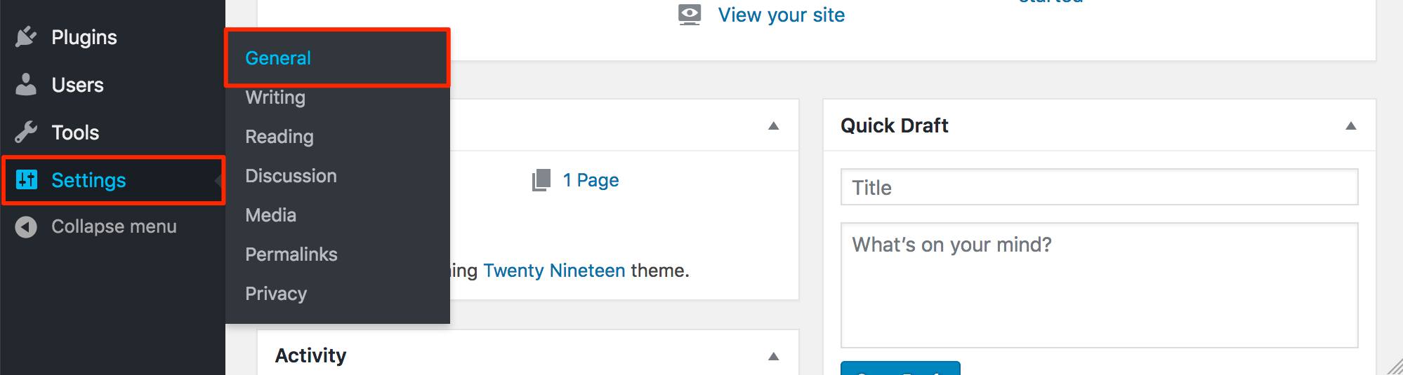 WordPress general settings menu option highlighted WordPress general settings menu option highlighted